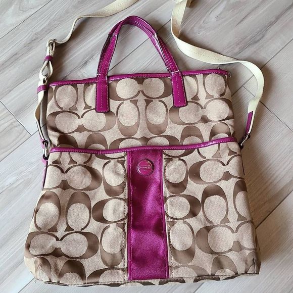 Coach Handbags - COACH Khaki Berry Canvas and Patent Leather Signature Pattern and Stripe Fold ov